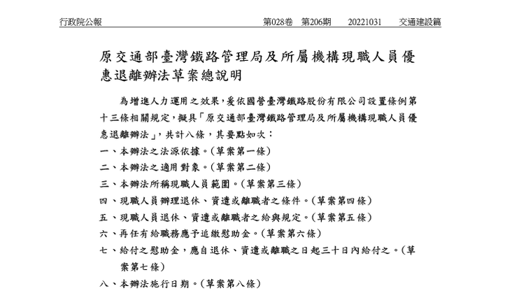 預告「原交通部臺灣鐵路管理局及所屬機構現職人員優惠退離辦法」草案